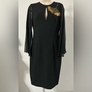 Trina Turk Women's Black Keyhole Sheer Sleeve Embellished Gold Bead Sheath Dress